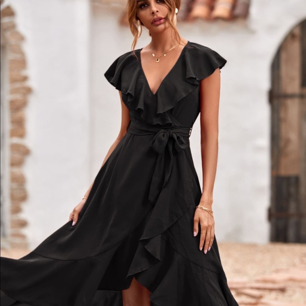 Solid Ruffle Hem Trim Belted Faux Wrap Dress New - Picture 7 of 10